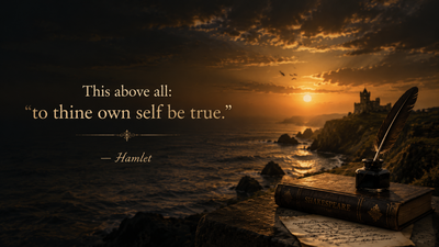 A dramatic coastal sunset in warm hues illuminates a quill on a Shakespeare book, with a prominent quote from "Hamlet" overlaying the scene, evoking a mood of introspection and timeless wisdom.