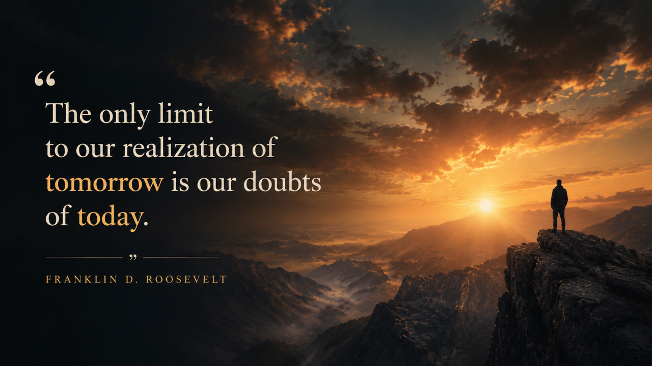 A motivational quote wallpaper featuring the Franklin D. Roosevelt quote "The only limit to our realization of tomorrow is our doubts of today" over a dramatic mountain sunrise landscape.