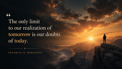 A motivational quote wallpaper featuring the Franklin D. Roosevelt quote "The only limit to our realization of tomorrow is our doubts of today" over a dramatic mountain sunrise landscape.