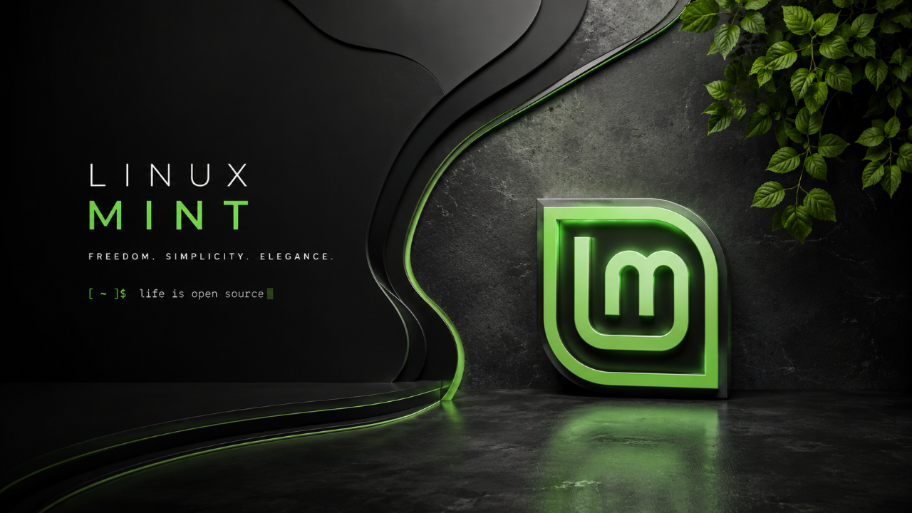 A sleek and modern Linux Mint wallpaper showcases its logo in vibrant green against a dark, sophisticated background, embodying elegance and simplicity with a touch of natural foliage.