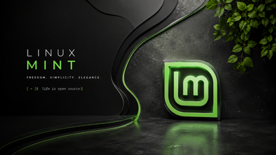 A sleek and modern Linux Mint wallpaper showcases its logo in vibrant green against a dark, sophisticated background, embodying elegance and simplicity with a touch of natural foliage.