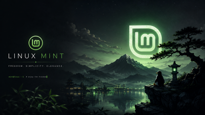 A tranquil mountain landscape bathed in a soft green hue, featuring a prominent peak under a glowing crescent moon, evokes a serene and contemplative mood. In the foreground, a penguin sits by a lit stone lantern, adding a peaceful and contemplative touch to the nighttime scene.