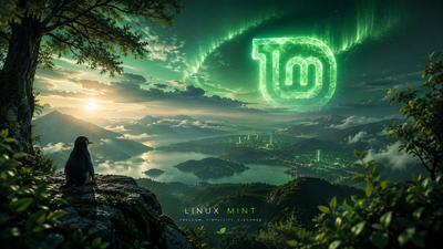 A serene landscape features a penguin perched on a rocky ledge overlooking a lush, green valley with a distant city, under a sky illuminated by the glowing Linux Mint logo and Northern Lights, creating a tranquil and harmonious atmosphere.