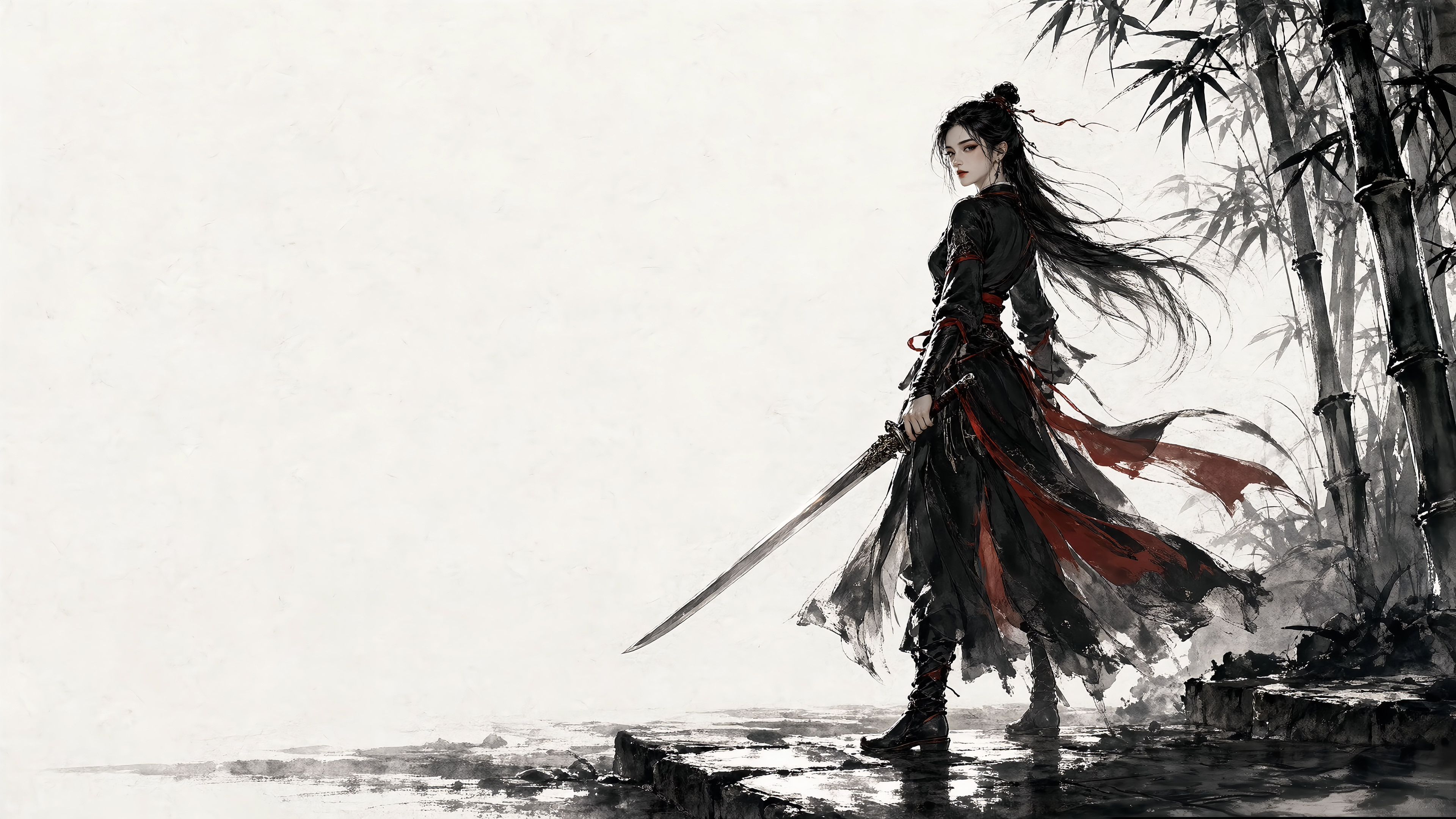 Ink Bamboo and Red Tassel: Lone Shadow of the Jianghu