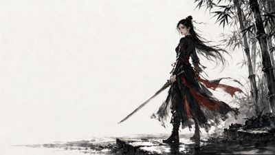 Ink Bamboo and Red Tassel: Lone Shadow of the Jianghu