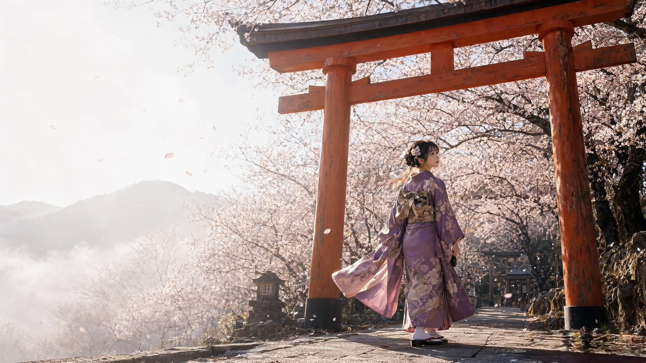 Sakura at the Torii Gate: A Spring Breeze