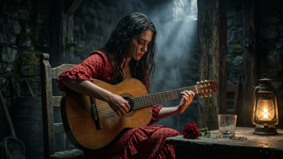 A woman in a red polka dot dress playing guitar in a dimly lit rustic room with a lantern and a rose.