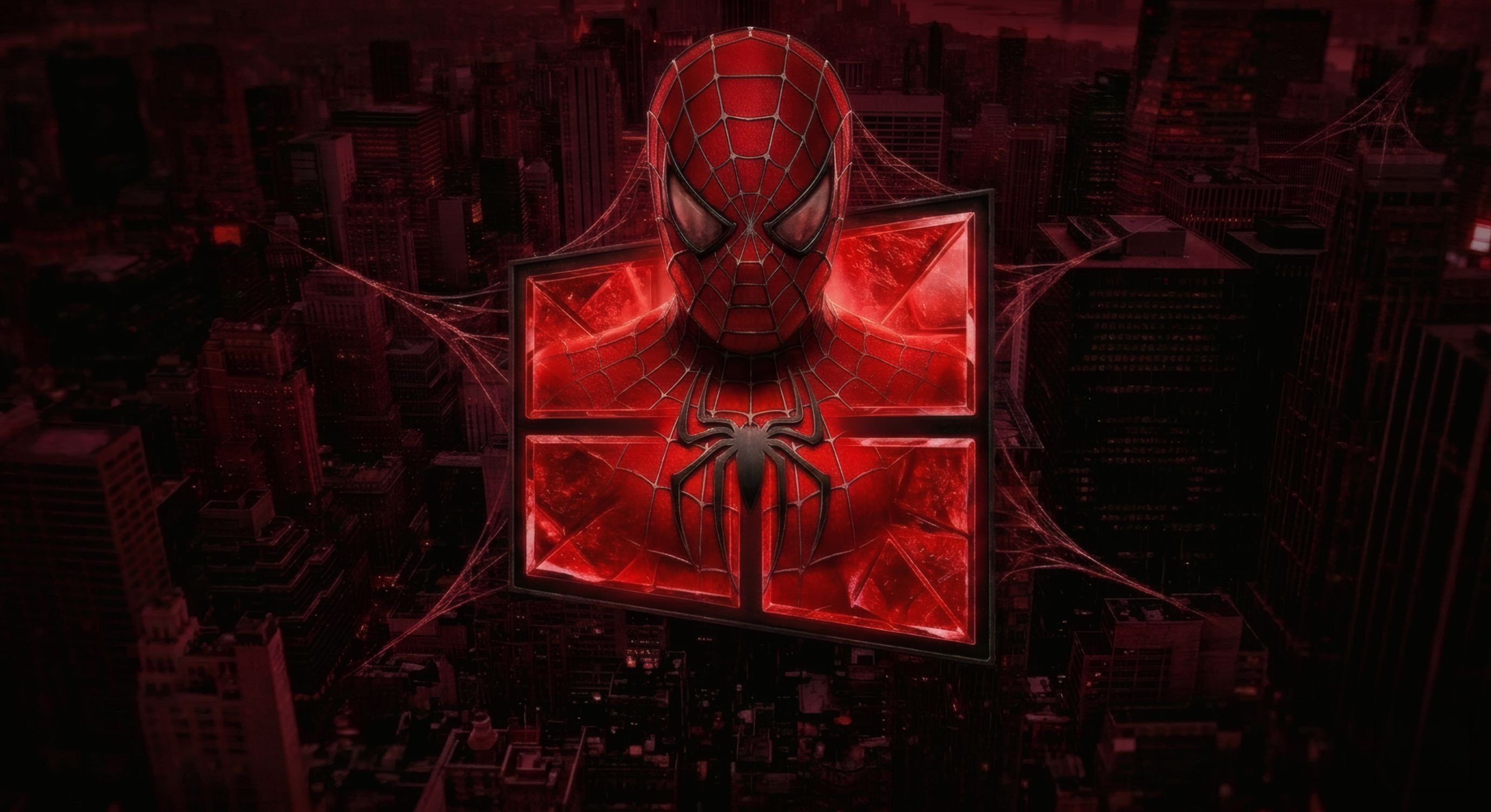 A red-themed digital wallpaper of Spiderman centered over a dark cityscape with web patterns.
