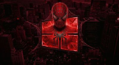 A red-themed digital wallpaper of Spiderman centered over a dark cityscape with web patterns.