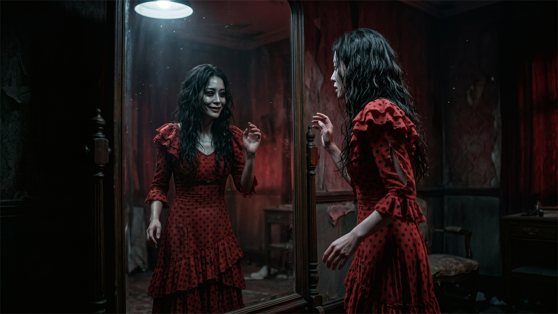 A woman in a red dress looking at a creepy, smiling reflection of herself in a large antique mirror inside a dark room.