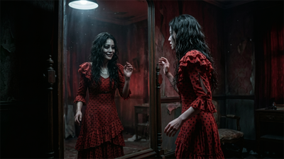 A woman in a red dress looking at a creepy, smiling reflection of herself in a large antique mirror inside a dark room.