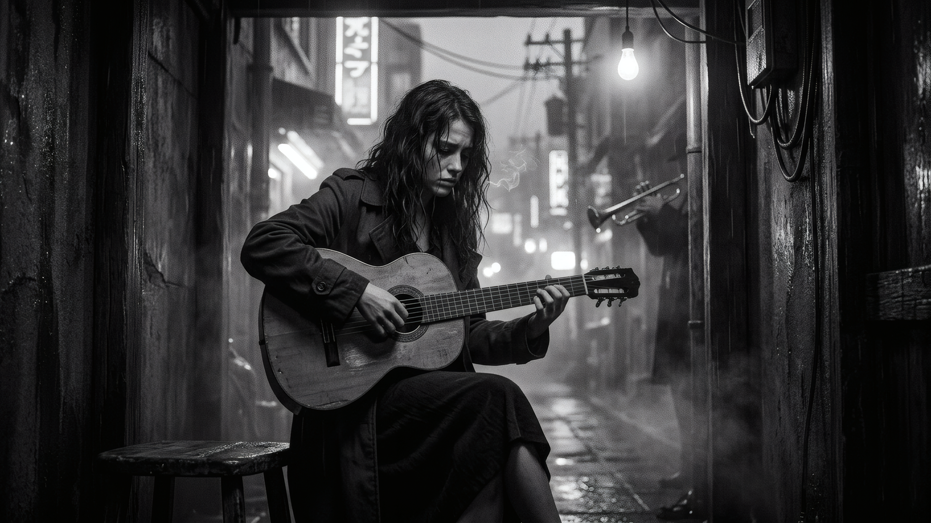 Black and white cinematic wallpaper of a woman playing an acoustic guitar in a dark, misty urban alley with a trumpet player in the background.