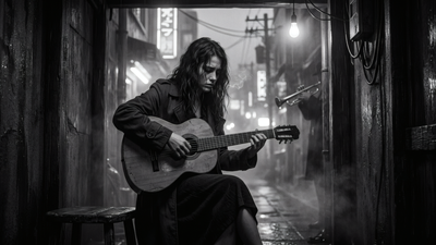 Black and white cinematic wallpaper of a woman playing an acoustic guitar in a dark, misty urban alley with a trumpet player in the background.