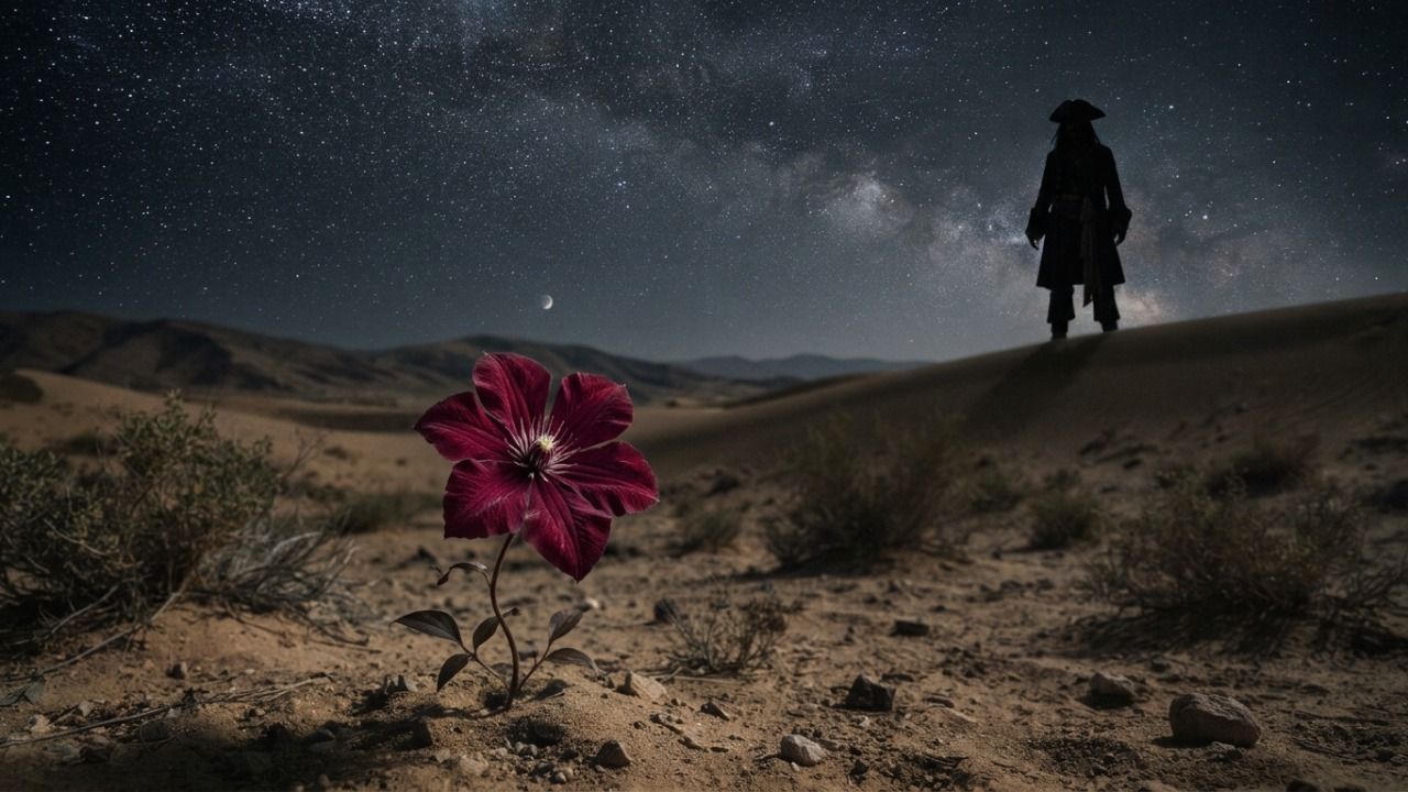 Burgundy clematis, silhouette of a pirate