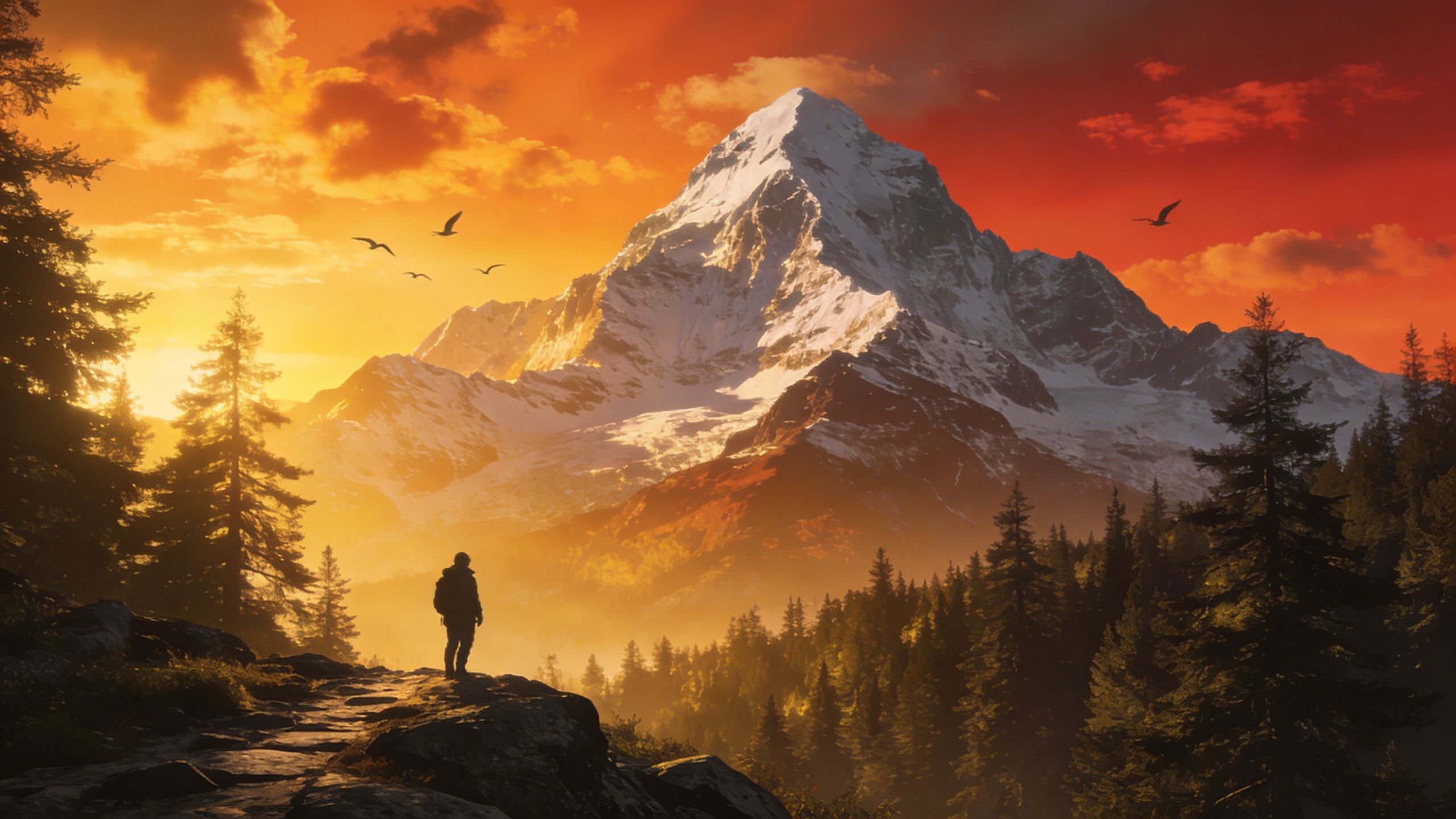 A lone hiker stands silhouetted against a vibrant sunset, with a majestic snow-capped mountain in the background and birds soaring through the sky, creating a serene and awe-inspiring atmosphere.