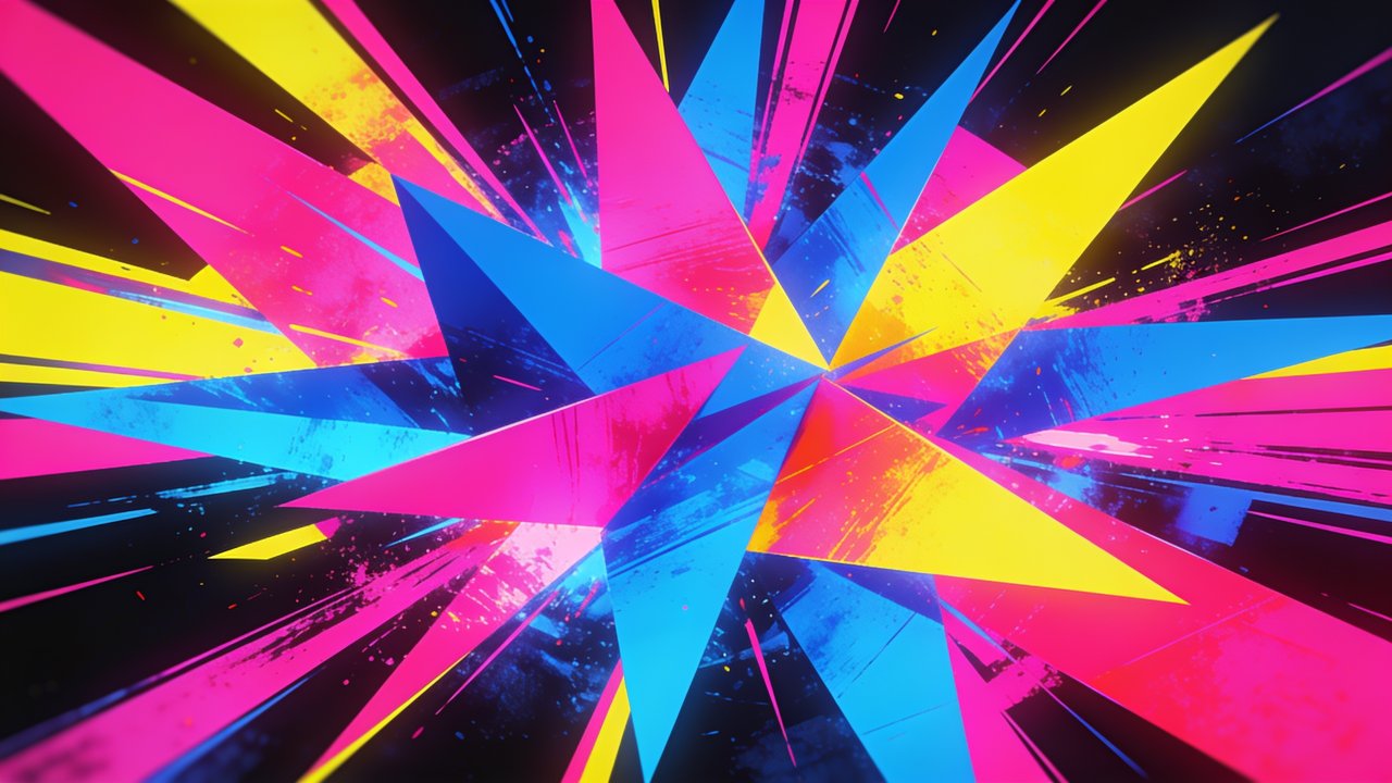A dynamic explosion of geometric shapes in neon pink, blue, and yellow bursts from the center against a dark background, creating a vibrant and energetic mood.