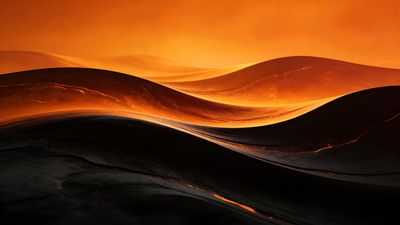 A landscape of undulating waves of molten lava glows with intense orange and red hues against a dark backdrop, creating a dramatic and fiery atmosphere. The scene evokes a sense of heat and movement, as if the earth itself is alive and flowing.