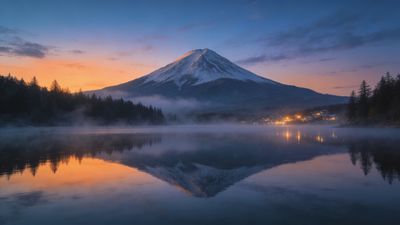 A majestic snow-capped mountain is reflected in a tranquil lake at sunset, surrounded by a forest with a soft mist and warm lights from a distant village, creating a serene and peaceful atmosphere.
