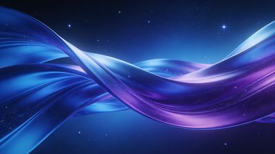 A dynamic, flowing pattern of blue and purple waves intertwines against a starry, cosmic background, creating a serene and ethereal atmosphere.