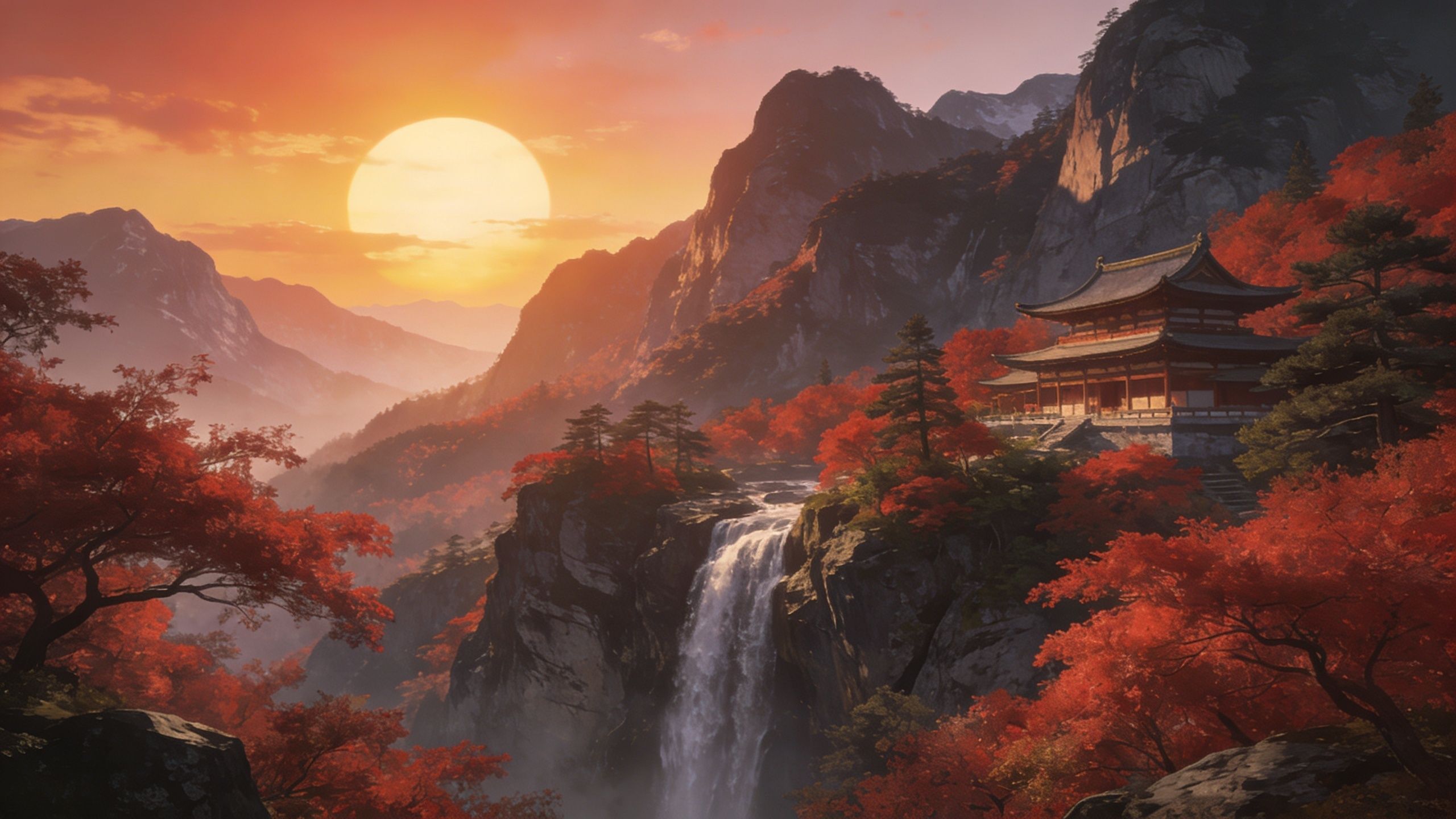 A serene sunset casts a warm glow over autumn mountains, with vibrant red and orange foliage surrounding a traditional pagoda and a cascading waterfall, creating a tranquil and picturesque scene.