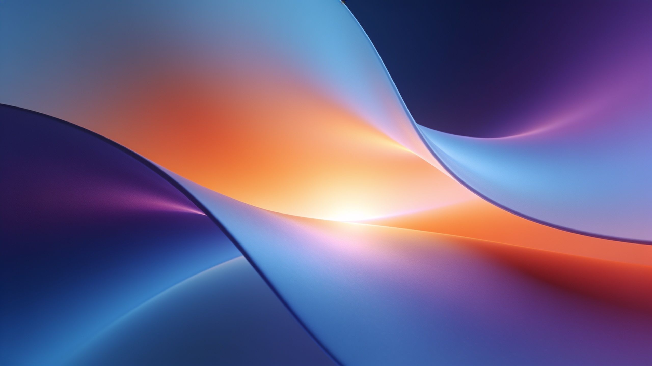 Abstract waves in vibrant sunset colors of orange, purple, and blue blend seamlessly, creating a dynamic and soothing visual effect that evokes a sense of calm and warmth.