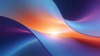 Abstract waves in vibrant sunset colors of orange, purple, and blue blend seamlessly, creating a dynamic and soothing visual effect that evokes a sense of calm and warmth.