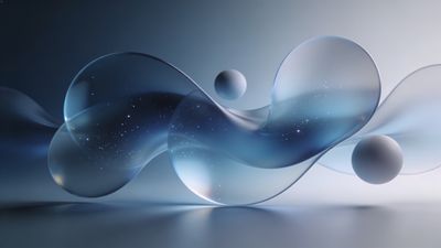 A serene and abstract digital artwork featuring translucent blue waves intertwined with smooth white spheres, set against a soft gradient background, creating a calming and ethereal atmosphere.