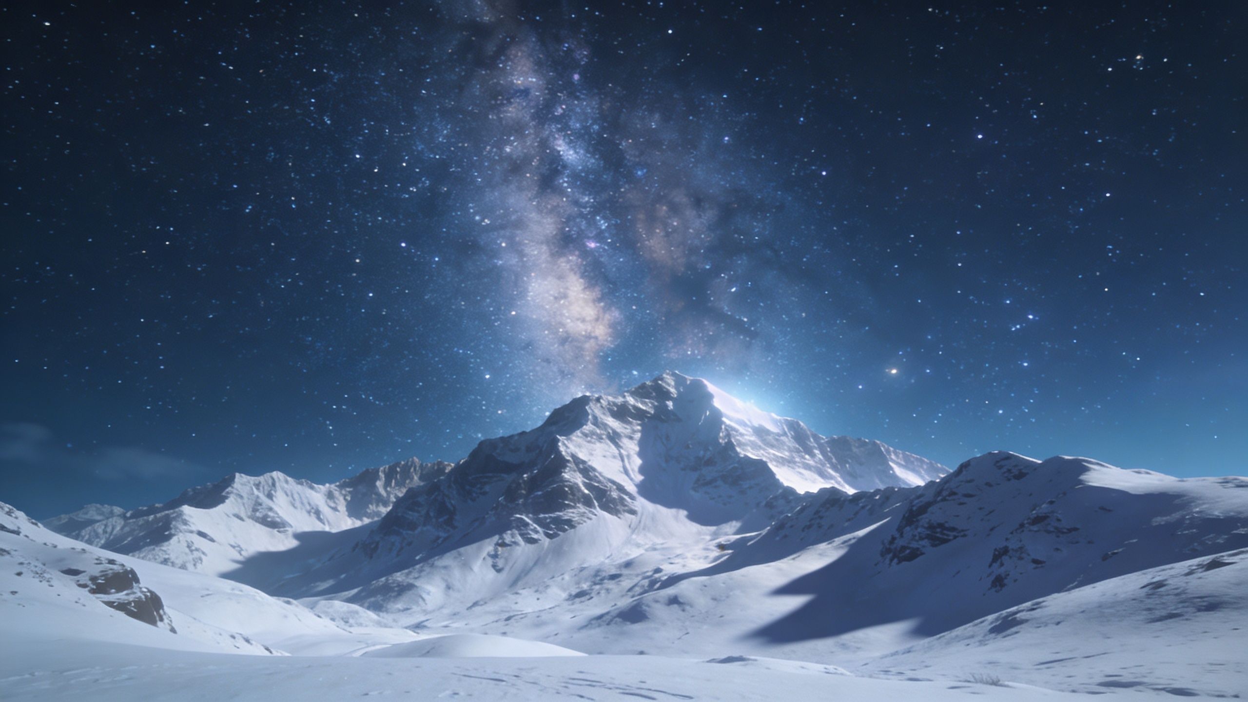 A breathtaking view of snowy mountain peaks under a starry night sky, with the Milky Way prominently visible, creating a serene and majestic atmosphere.