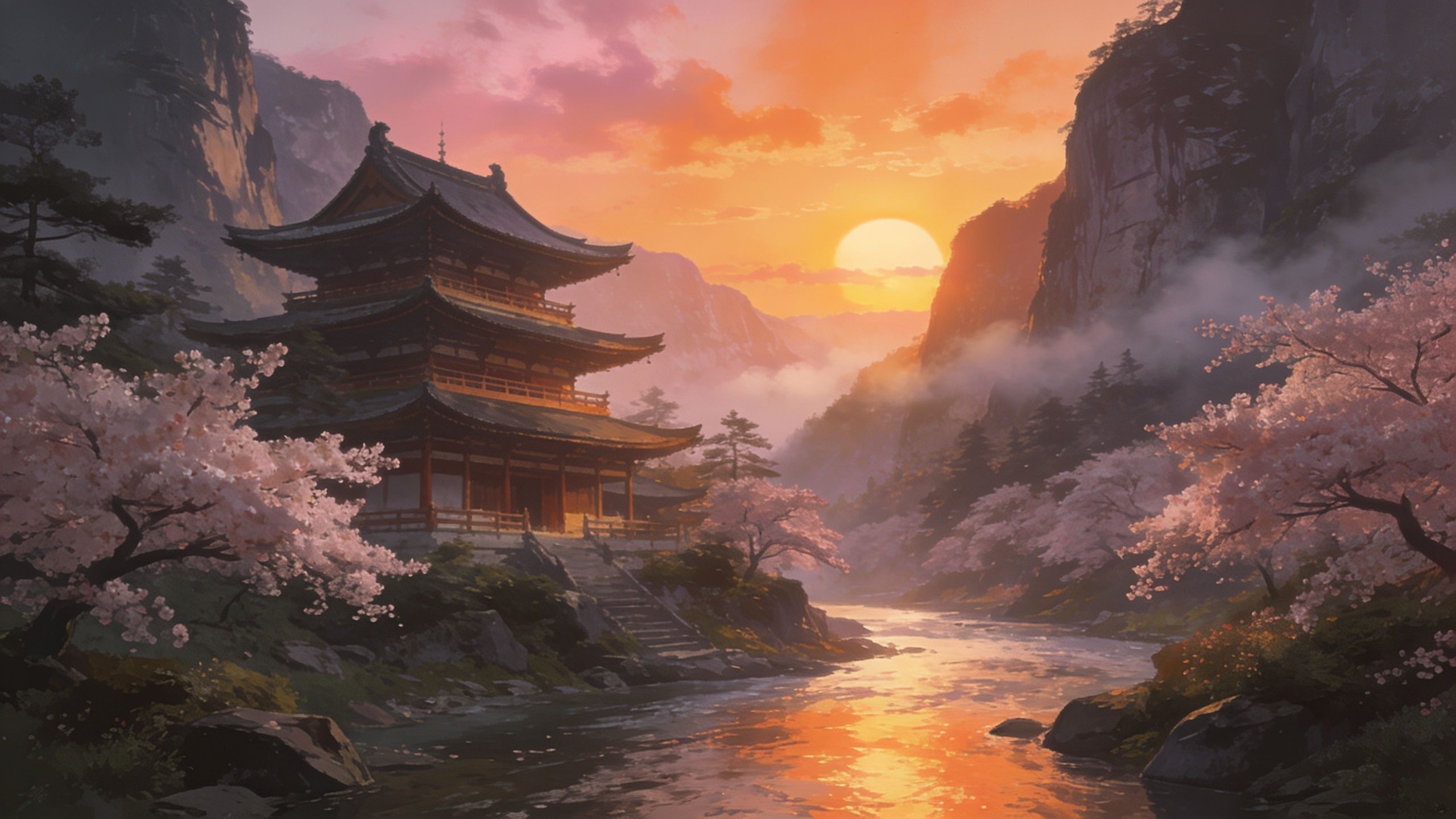 A tranquil scene depicts a traditional temple nestled among cherry blossoms, with a serene river reflecting the warm hues of a setting sun in a mountainous landscape. The mood is peaceful and contemplative, enhanced by the soft glow of the sunset.