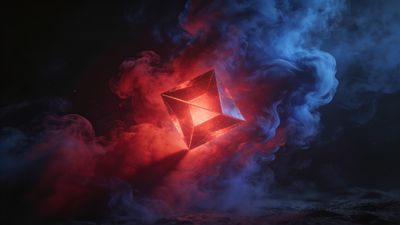 A glowing geometric shape hovers amidst swirling clouds of vibrant red and blue smoke, creating a mystical and ethereal atmosphere.