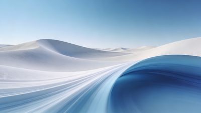 A tranquil scene of smooth, white desert dunes resembling ocean waves under a clear blue sky, creating a serene and calming atmosphere.