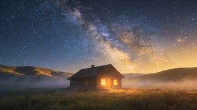 A cozy wooden cabin with glowing windows sits under a vast, starry night sky, surrounded by misty fields and rolling hills, creating a serene and tranquil atmosphere.