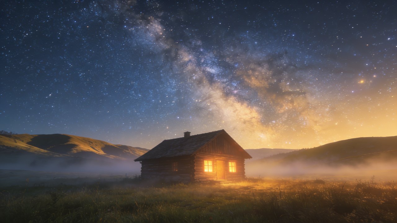 A cozy wooden cabin with glowing windows sits under a vast, starry night sky, surrounded by misty fields and rolling hills, creating a serene and tranquil atmosphere.