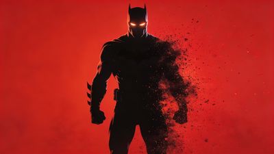 A dark silhouette of a hero stands against a fiery red backdrop, with glowing eyes and a partially disintegrating form, creating a dramatic and intense mood.