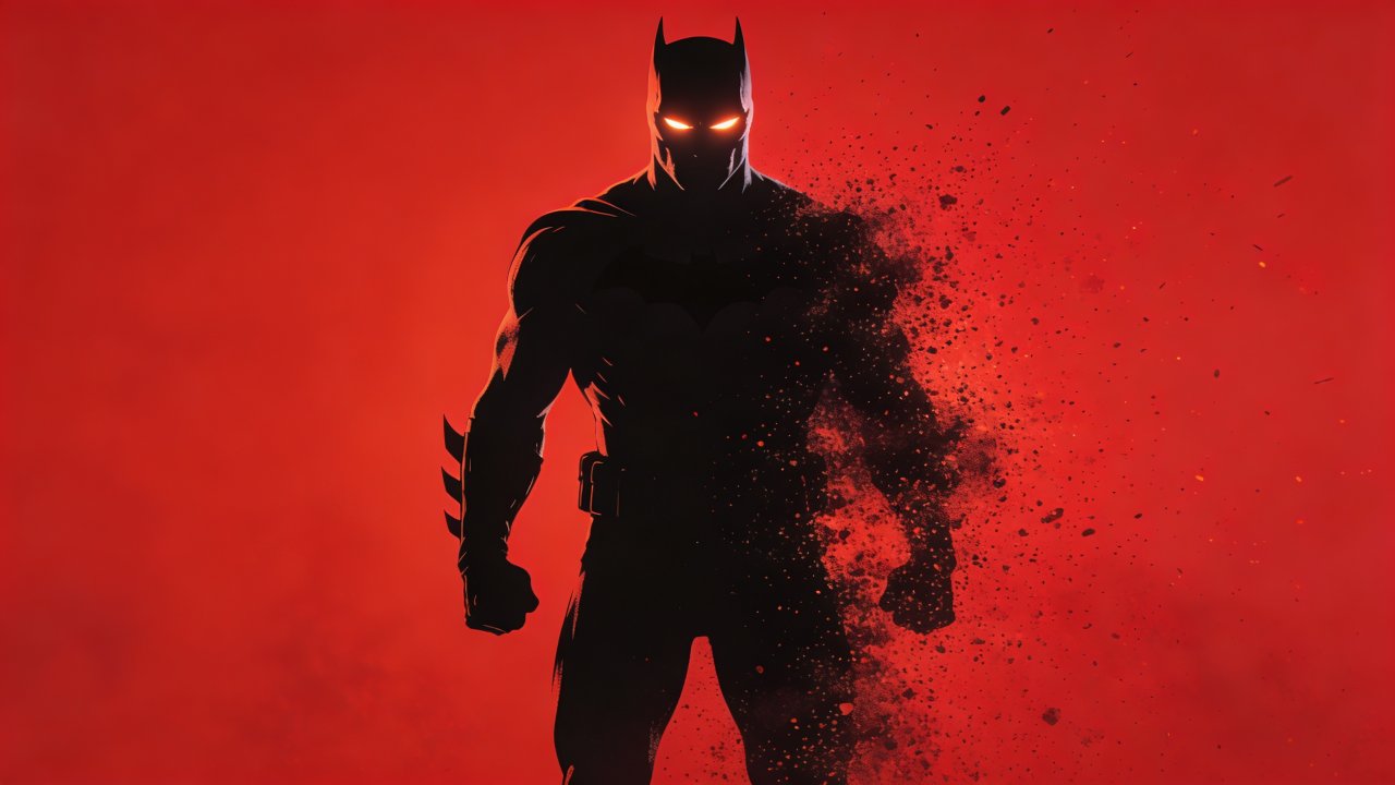 A dark silhouette of a hero stands against a fiery red backdrop, with glowing eyes and a partially disintegrating form, creating a dramatic and intense mood.
