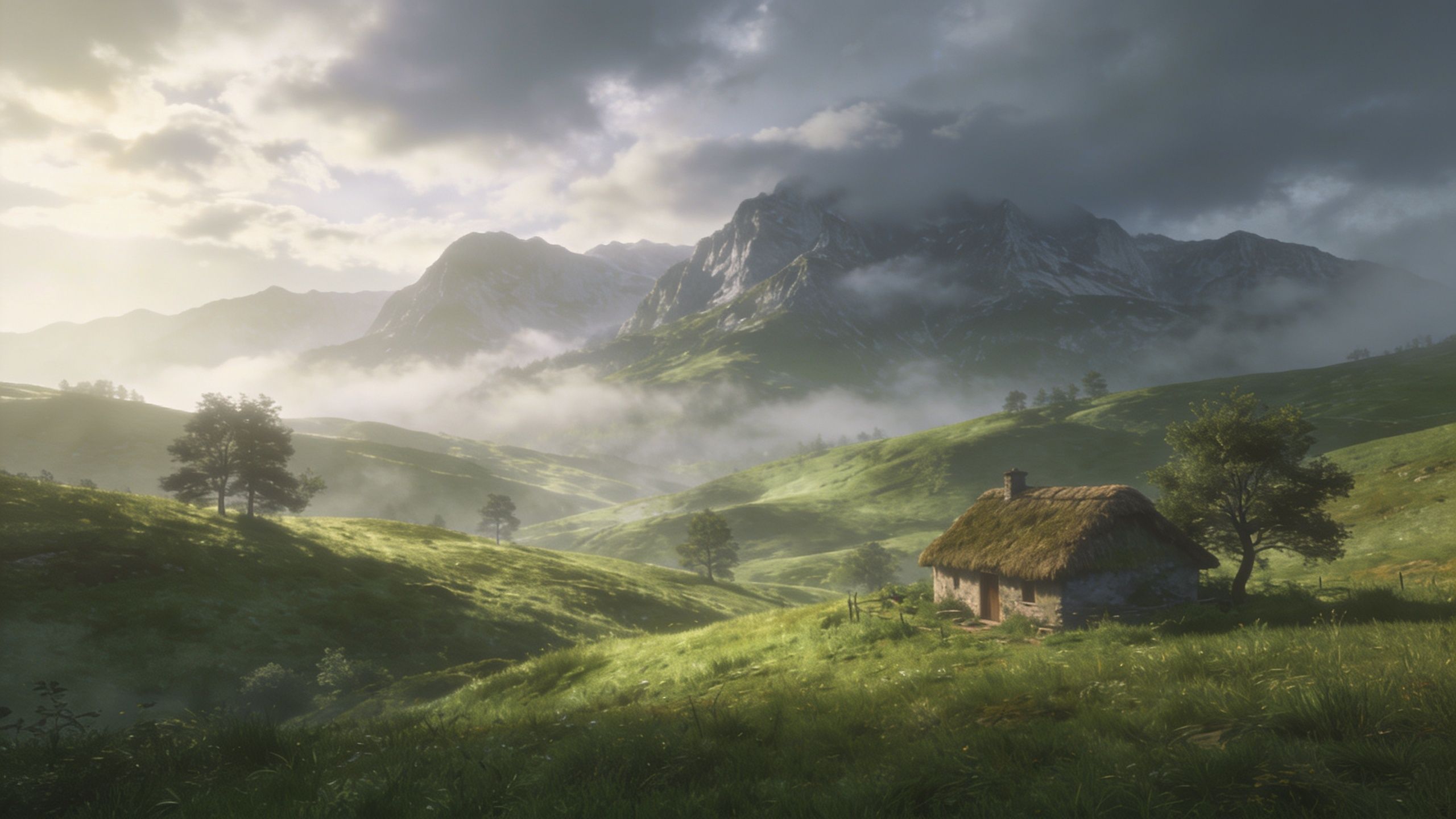 A quaint stone cottage with a thatched roof sits peacefully in a lush, misty valley surrounded by rolling green hills and towering mountains under a cloudy sky, creating a serene and tranquil atmosphere.