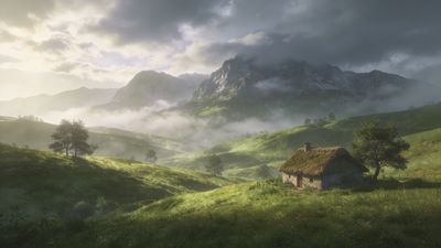 A quaint stone cottage with a thatched roof sits peacefully in a lush, misty valley surrounded by rolling green hills and towering mountains under a cloudy sky, creating a serene and tranquil atmosphere.