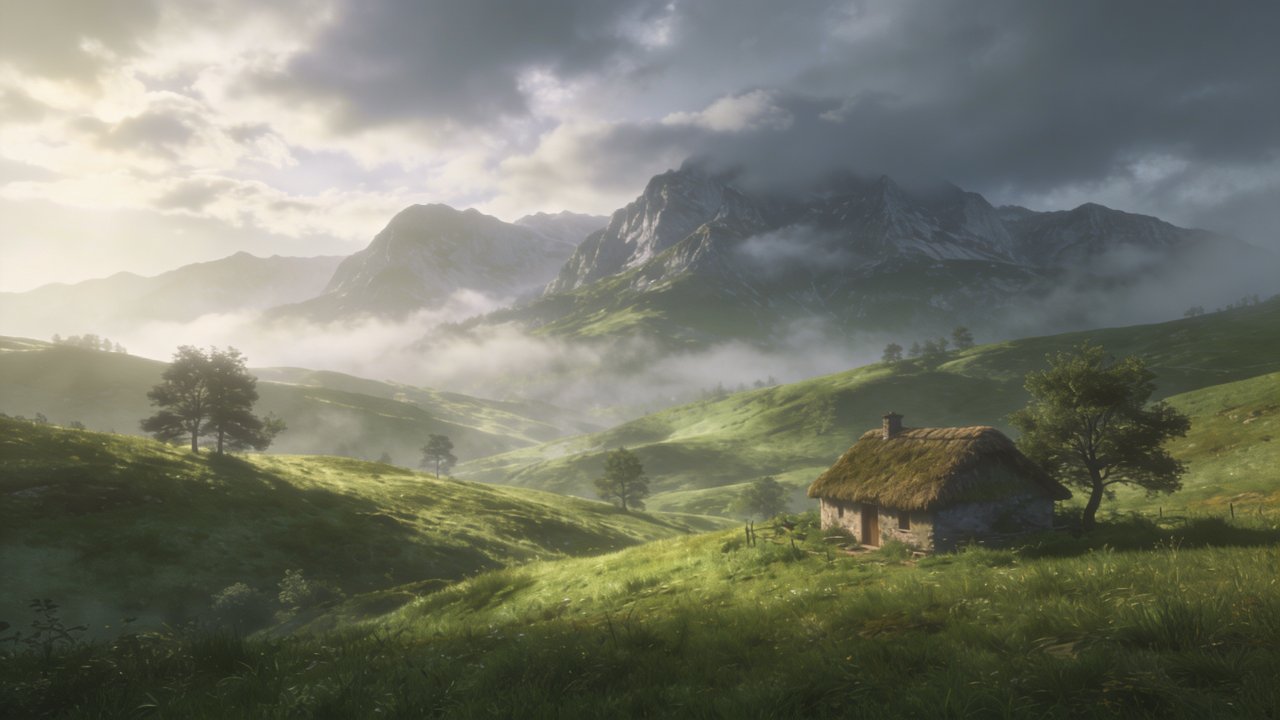 A quaint stone cottage with a thatched roof sits peacefully in a lush, misty valley surrounded by rolling green hills and towering mountains under a cloudy sky, creating a serene and tranquil atmosphere.