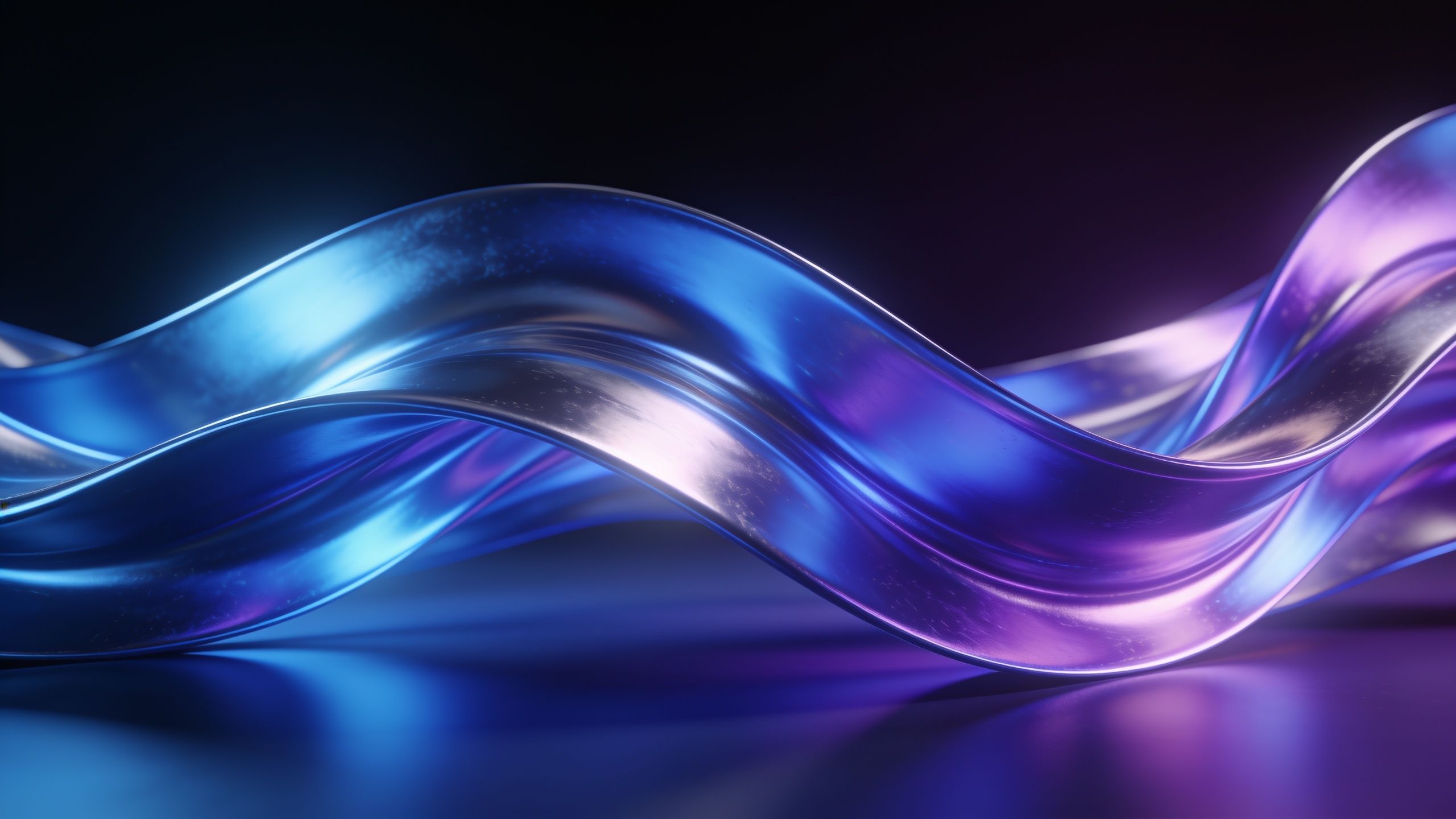 A dynamic composition of flowing, abstract waves in vibrant neon blue and purple hues, set against a dark background, creating a futuristic and energetic mood.