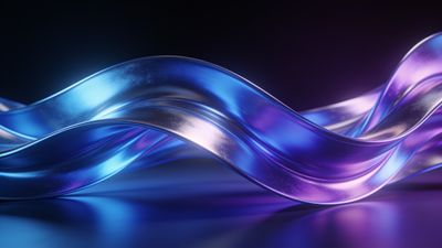A dynamic composition of flowing, abstract waves in vibrant neon blue and purple hues, set against a dark background, creating a futuristic and energetic mood.