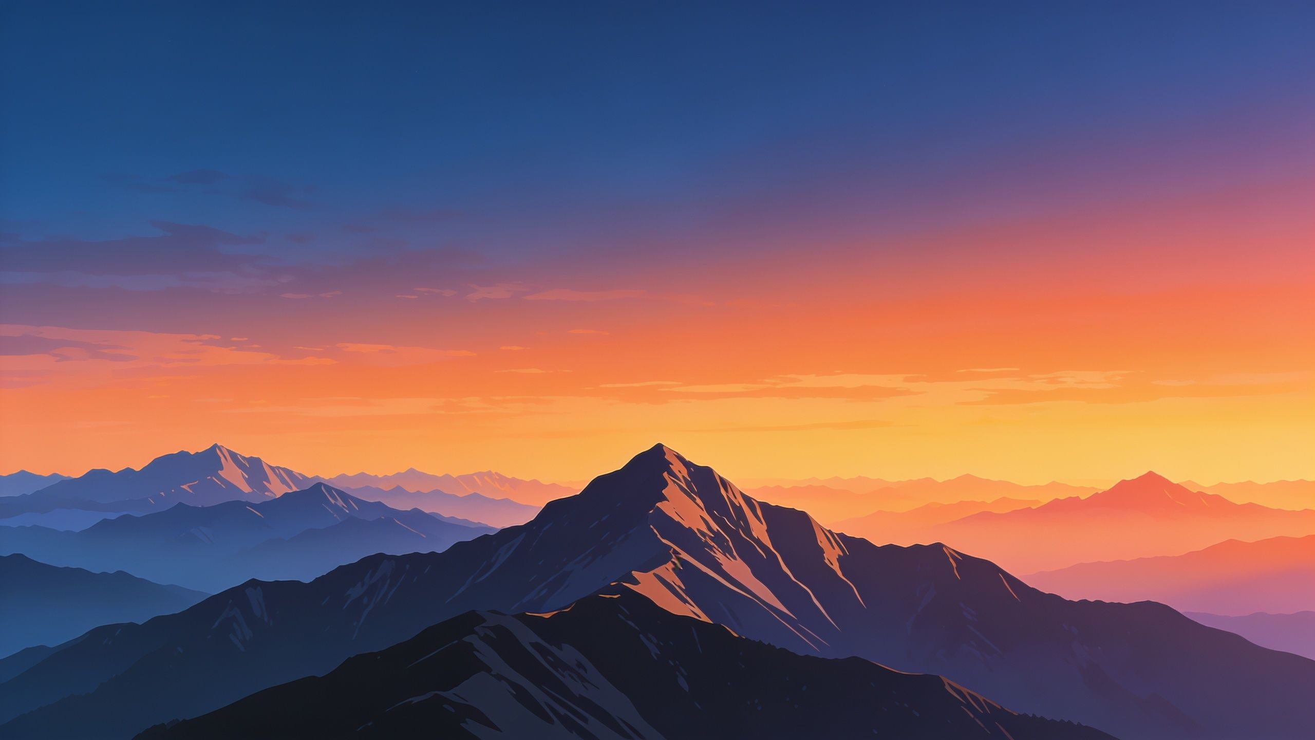 A tranquil scene of a mountain range at sunset, with peaks silhouetted against a vibrant sky transitioning from deep blue to warm orange and pink hues, creating a peaceful and serene atmosphere.