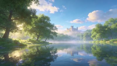 A majestic castle overlooks a tranquil, mist-covered lake surrounded by lush green trees under a bright blue sky, creating a serene and peaceful atmosphere.