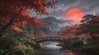 A tranquil Japanese garden is depicted at sunset, featuring a wooden bridge over a gently flowing stream, surrounded by vibrant red maple trees and lush greenery, with a large, glowing red sun setting behind misty mountains, creating a serene and peaceful atmosphere.