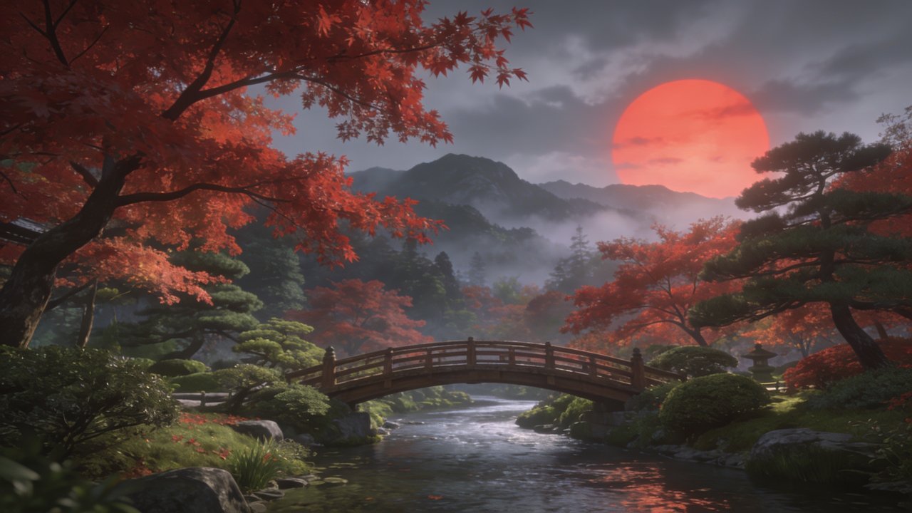 A tranquil Japanese garden is depicted at sunset, featuring a wooden bridge over a gently flowing stream, surrounded by vibrant red maple trees and lush greenery, with a large, glowing red sun setting behind misty mountains, creating a serene and peaceful atmosphere.