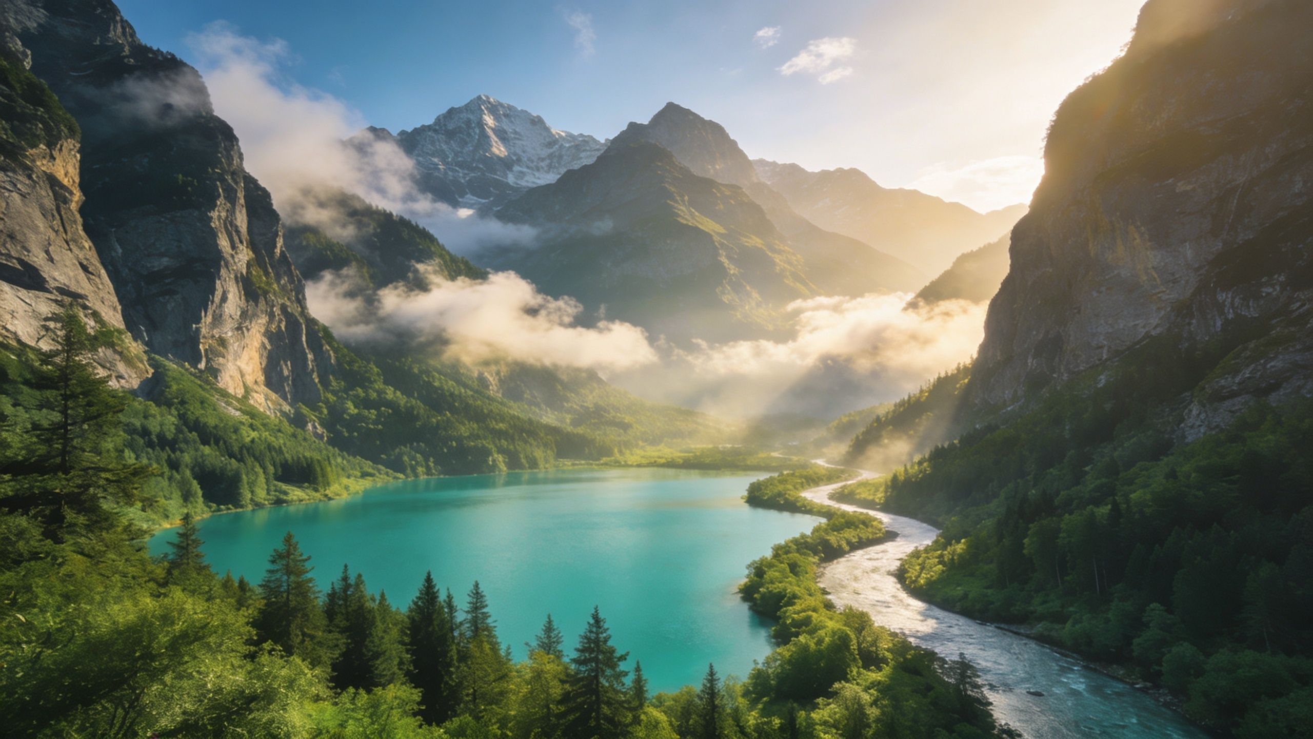 A serene mountain lake reflects the golden hues of sunrise, surrounded by lush green forests and towering peaks, creating a tranquil and awe-inspiring atmosphere.