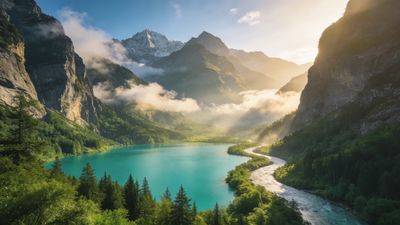 A serene mountain lake reflects the golden hues of sunrise, surrounded by lush green forests and towering peaks, creating a tranquil and awe-inspiring atmosphere.