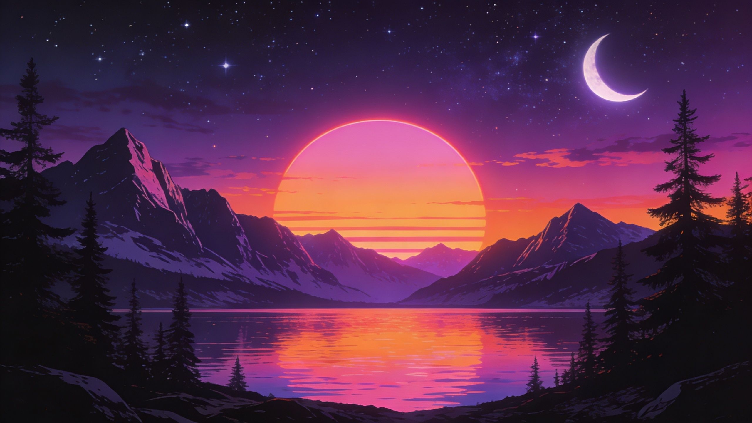 A vibrant sunset casts a warm glow over a serene mountain lake, with the sun dipping behind jagged peaks and its reflection shimmering on the water, creating a tranquil and mesmerizing scene under a starry sky with a crescent moon.