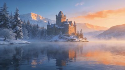 A majestic castle sits on a snowy island surrounded by a misty lake, with a backdrop of snow-covered trees and sunlit mountains, creating a serene and enchanting winter scene.