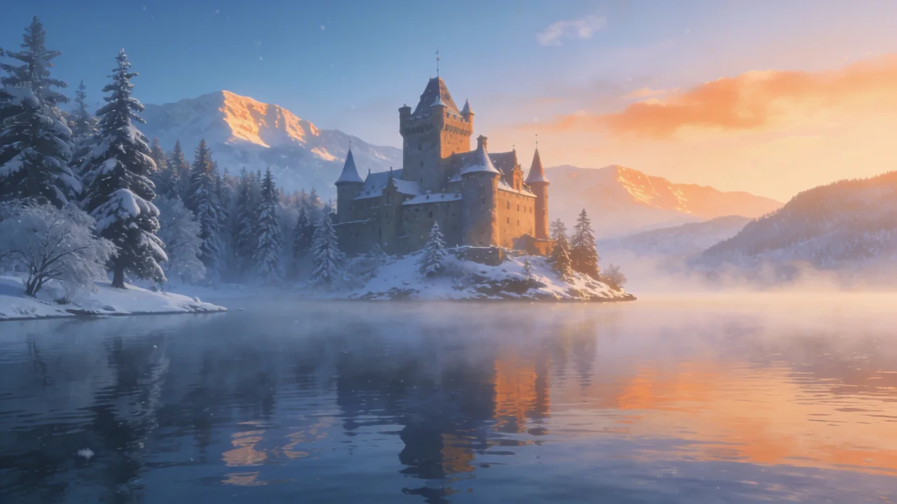 A majestic castle sits on a snowy island surrounded by a misty lake, with a backdrop of snow-covered trees and sunlit mountains, creating a serene and enchanting winter scene.