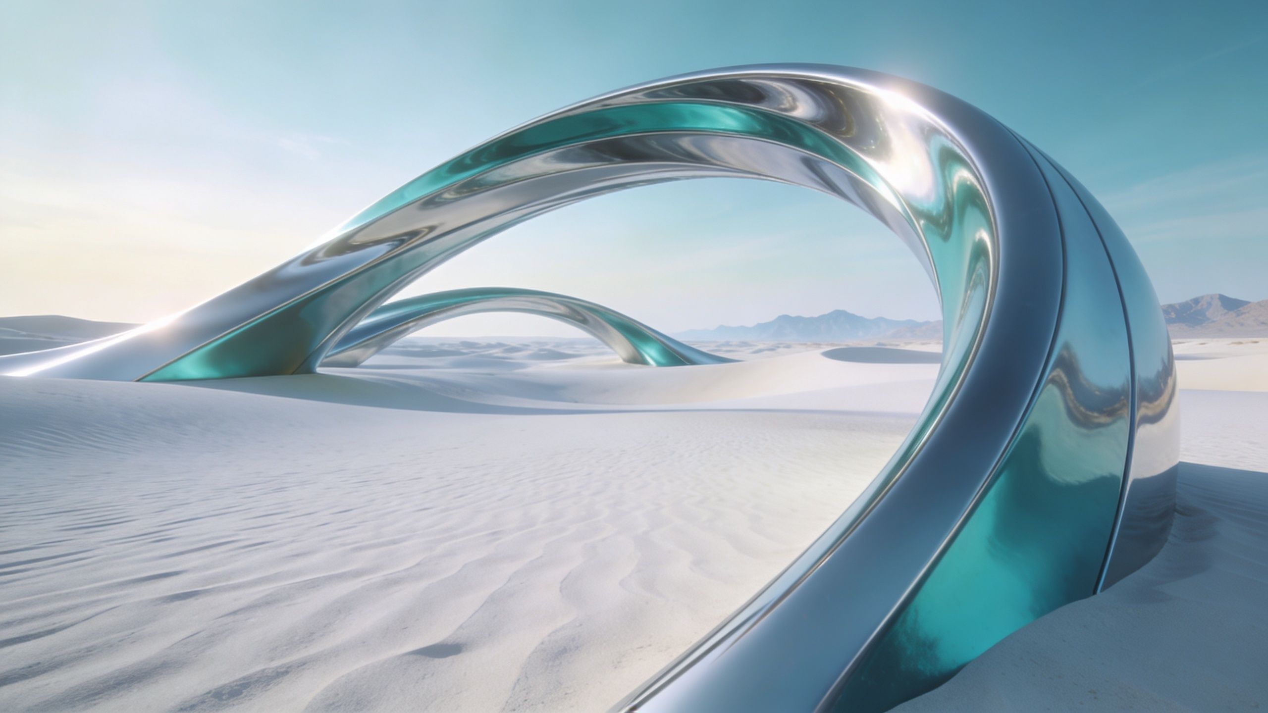 Futuristic metallic arches rise gracefully from a serene desert landscape, their sleek, reflective surfaces contrasting with the soft, undulating sand dunes under a clear blue sky, creating a tranquil and otherworldly atmosphere.